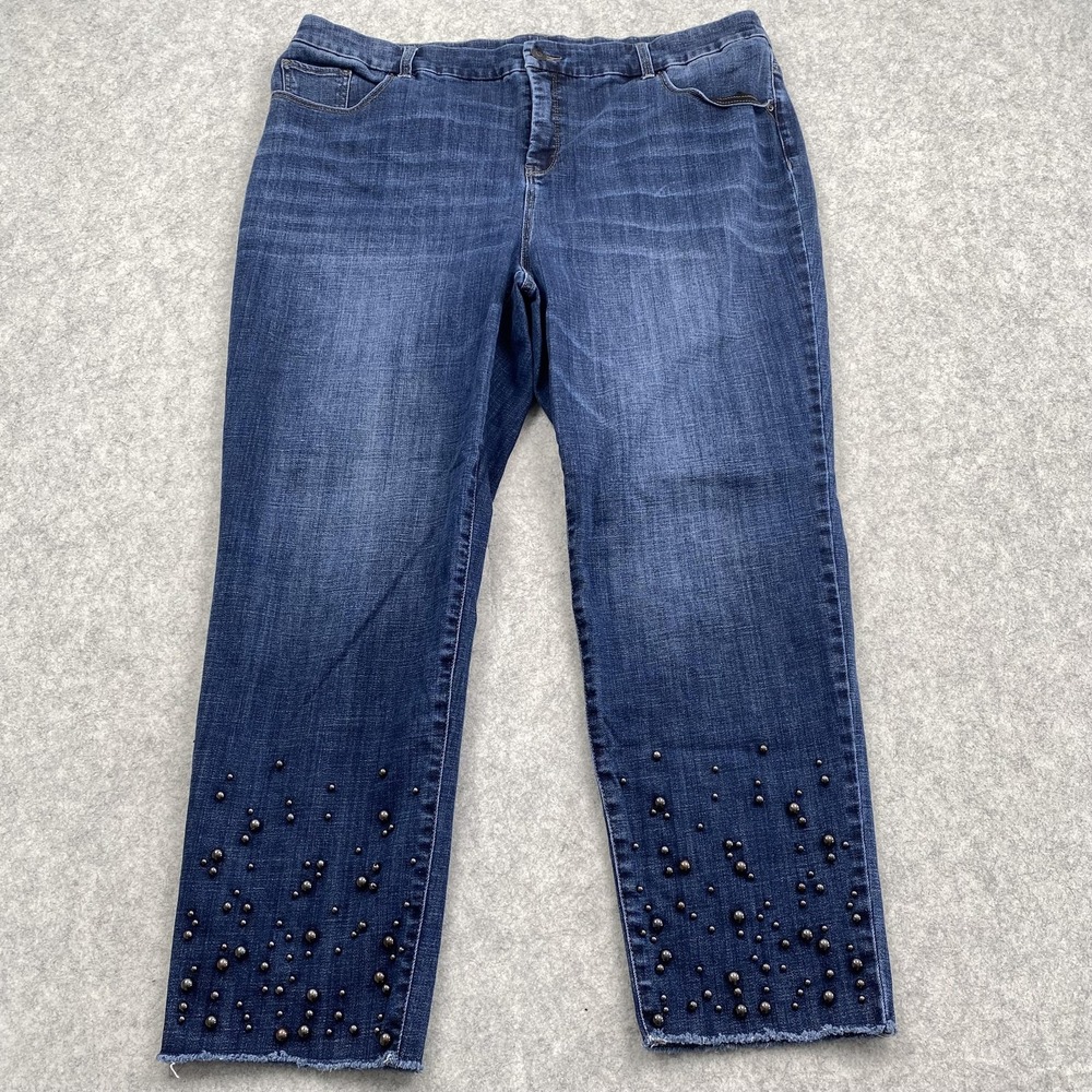 Chico's So Slimming Girlfriend Ankle Jeans Womens 10 (39x25) Blue Beaded Hem